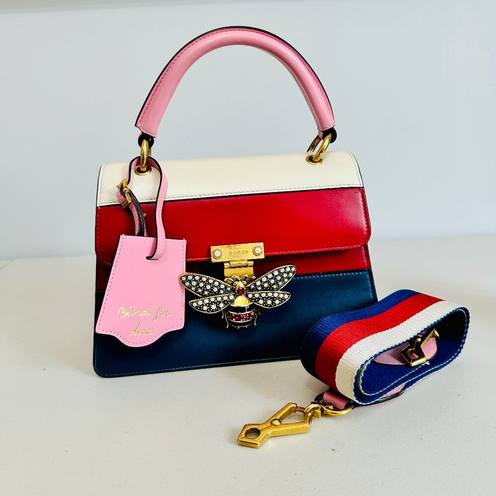 GUCCI 2-WAY QUEEN MARGARET BEE BLIND FOR LOVE LEATHER SATCHEL CROSSBODY BAG